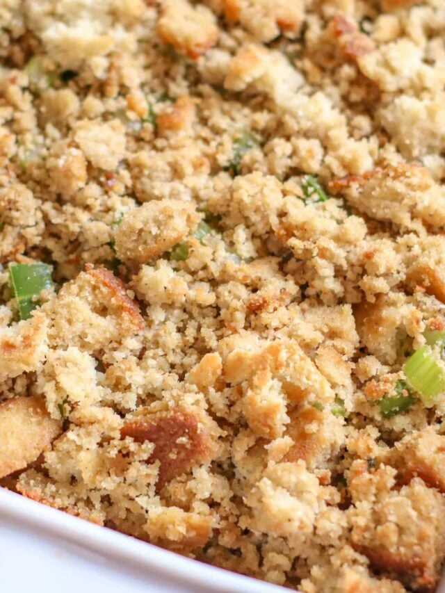 A dish is filled with food, with Stuffing and Thanksgiving