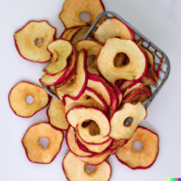 Assorted low carb apple chips scattered from a small metal basket on a white background.
