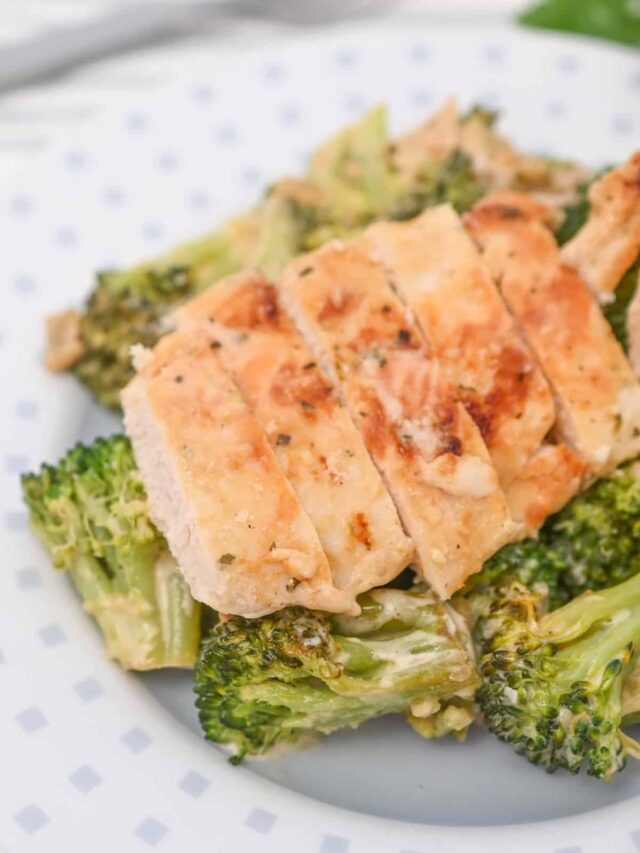 Plated serving of Keto Creamy Ranch Chicken and Broccoli on a white plate, ready to be enjoyed.
